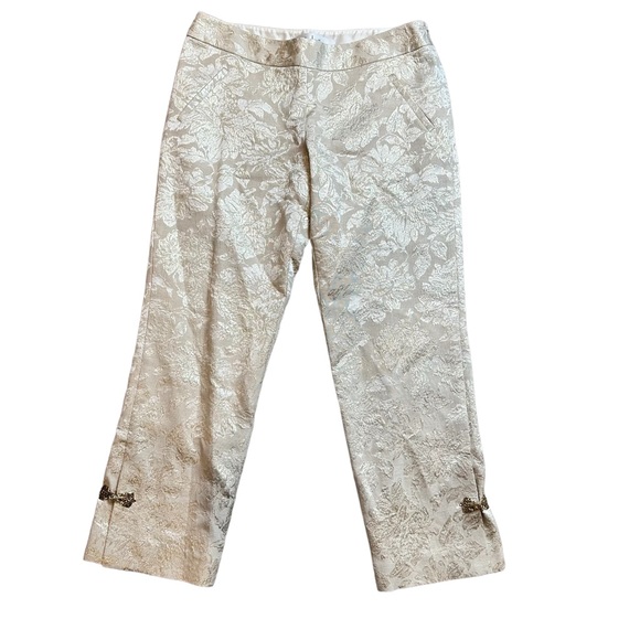 NICOLE MILLER COLLECTION Y2K Gold Metallic Jacquard Cropped Ankle Clasp Trouser - Picture 1 of 8